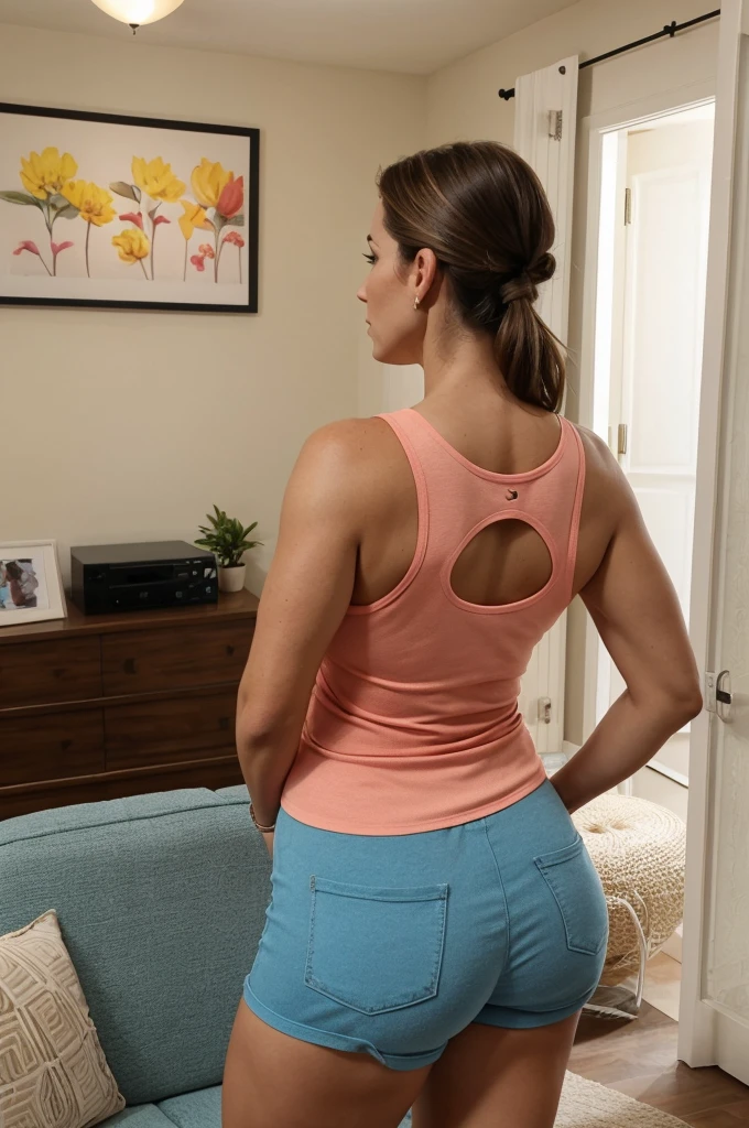 four pretty 38 year old milfs, wearing bright shorts, tank top, comfortable at home, busty, curvy body, no makeup, side profile, from behind, natural nose