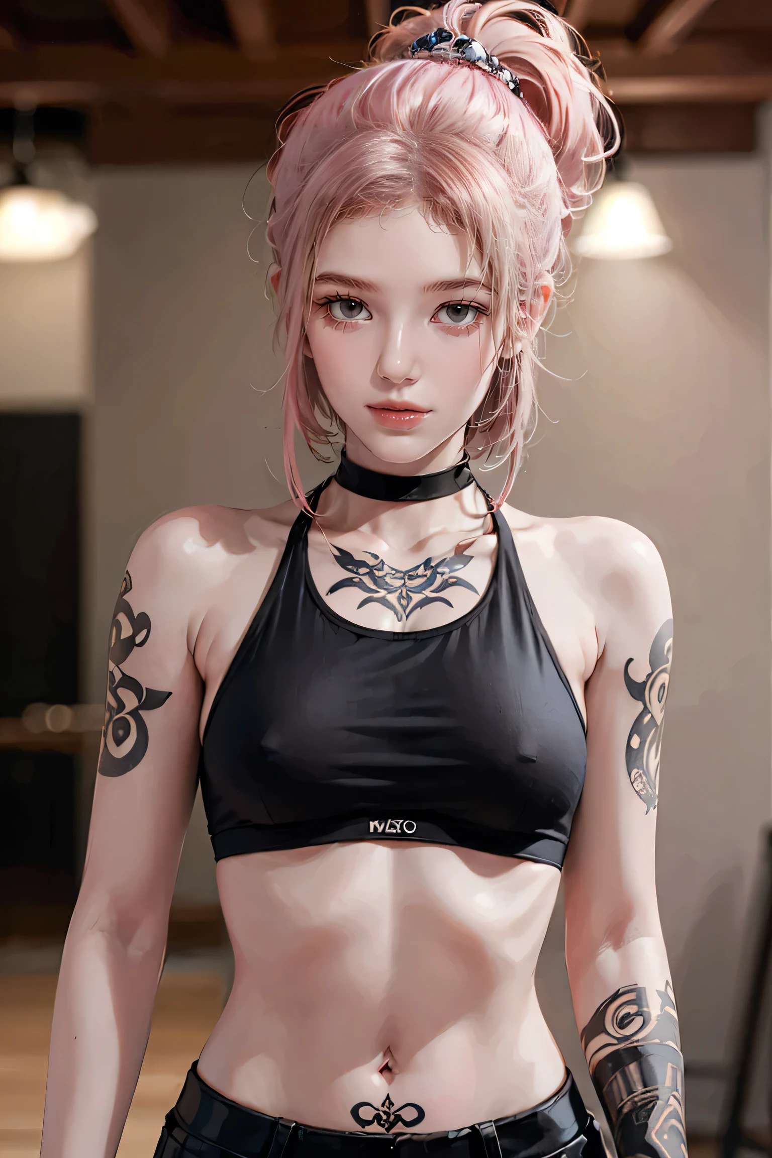 Pink Hair, Perfect Style, Beautiful Face, Highly detailed face and skin texture, (Maximum resolution: 1.2), 1 female, alone, Hip Up, jewelry, (((She has many tattoos all over her body)), Streetwear, I'Exercising at the gym, Pink Hair, Shorts, Sports boots, (((Tight waist))), ((Big Breasts)),NSFW