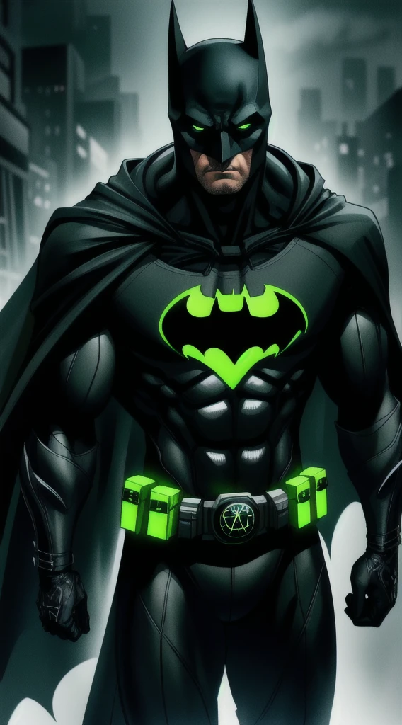 Batman,eye, expensive, piece, Muscular, black and neon green suit, Neon green details on the suit, Highest quality, masterpiece, Long black cape, short ears on the helmet, 白いeye, No students, Serious face, ultra detailed suit, Detailed face, Powerful pose, Highest quality, High resolution:1.2, dark grey ultility belt, night, Dark atmosphere, Flowing Cape, Awards, Shadow, Volumetric lighting