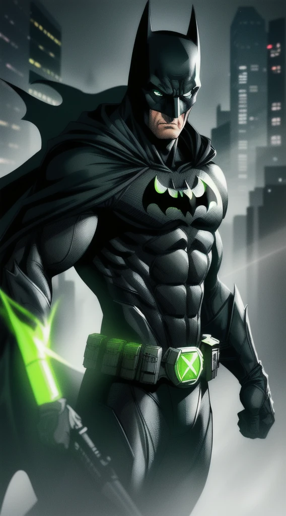 Batman,eye, expensive, piece, Muscular, black and neon green suit, Neon green details on the suit, Highest quality, masterpiece, Long black cape, short ears on the helmet, 白いeye, No students, Serious face, ultra detailed suit, Detailed face, Powerful pose, Highest quality, High resolution:1.2, dark grey ultility belt, night, Dark atmosphere, Flowing Cape, Awards, Shadow, Volumetric lighting