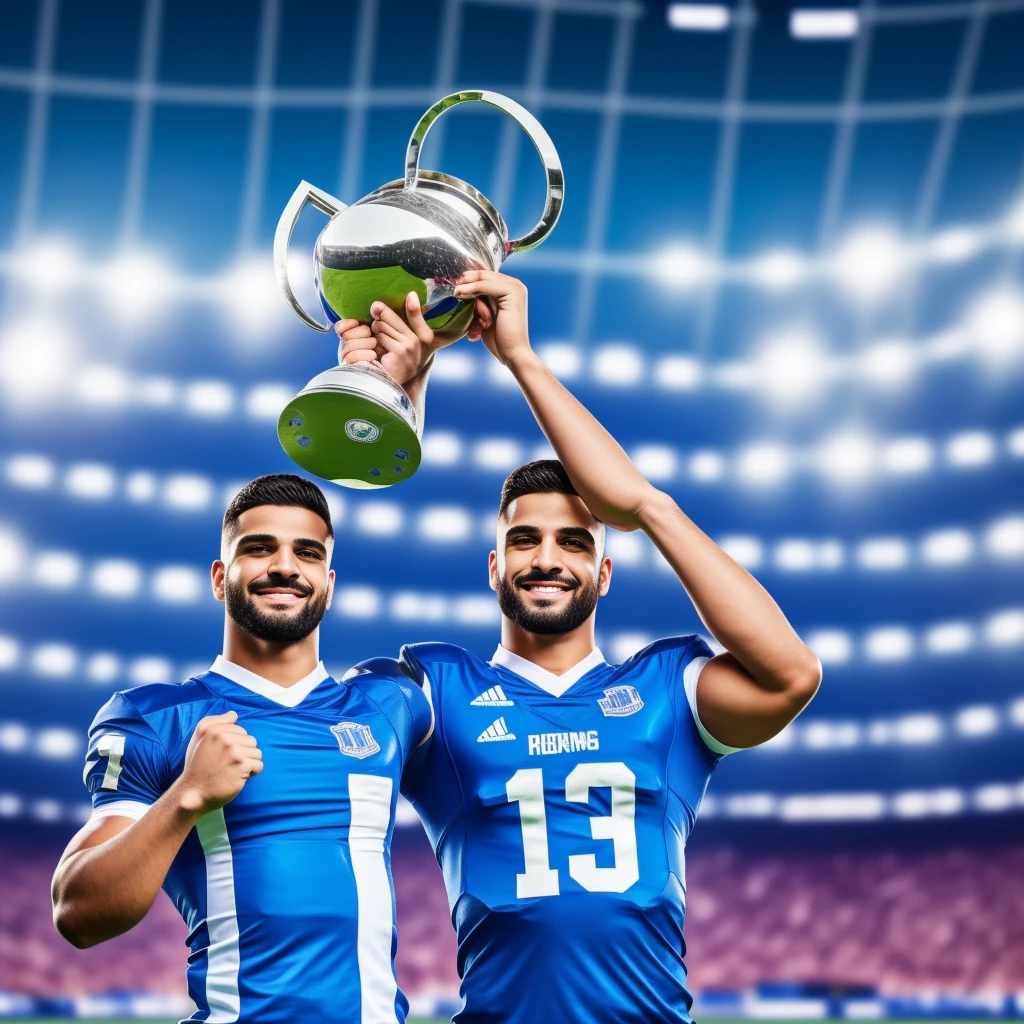 Football player lifting championship cup in stadium blue and white shirt color