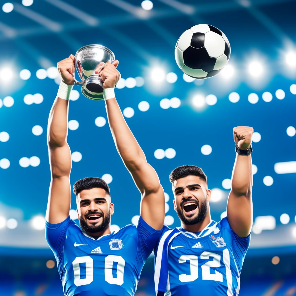 Football player lifting championship cup in stadium blue and white shirt color