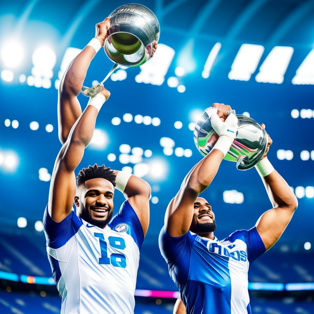 Football player lifting championship cup in stadium blue and white shirt color