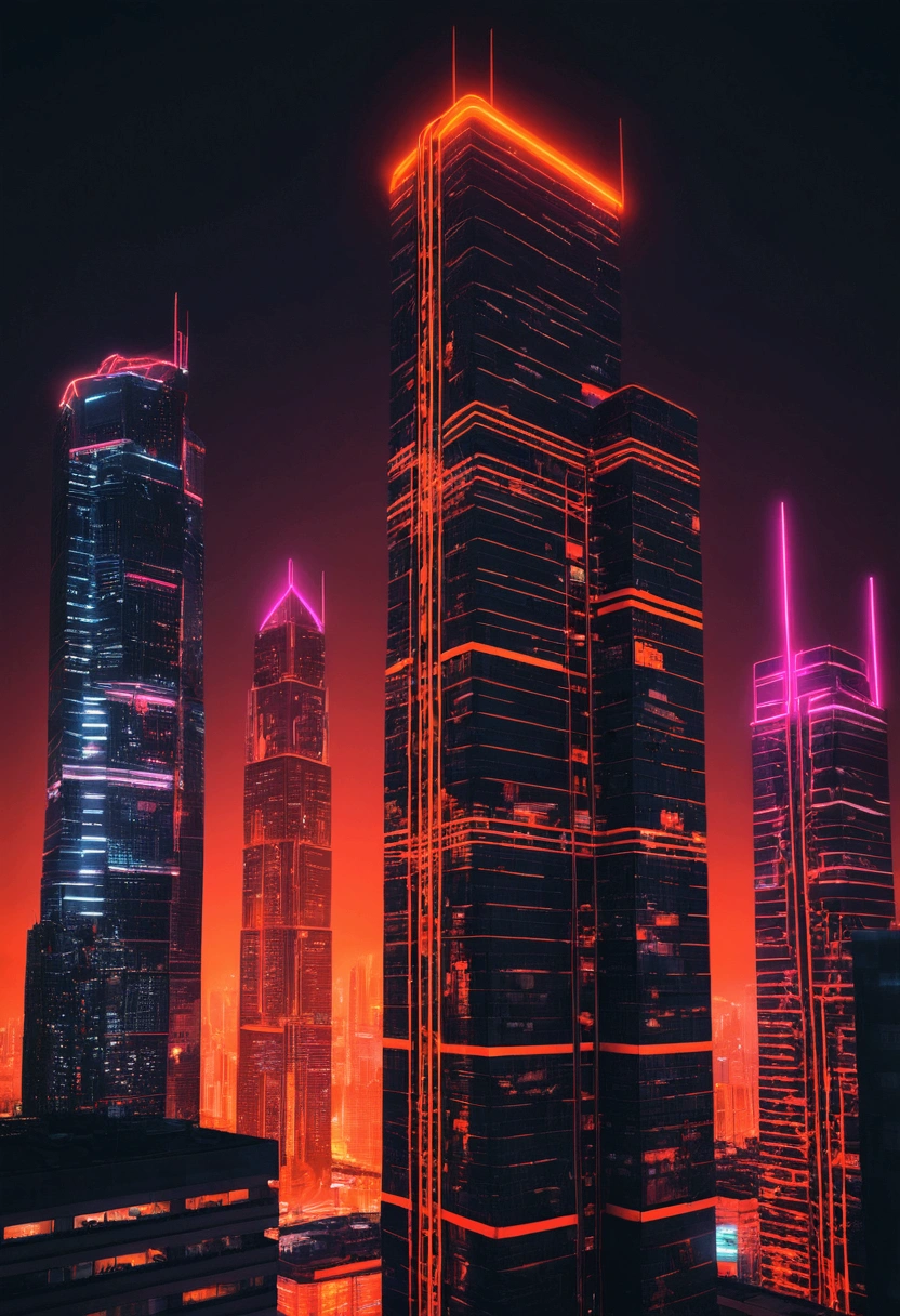 skyscrapers night vision neon top quality ultra high definition cyberpunk red and orange lights
