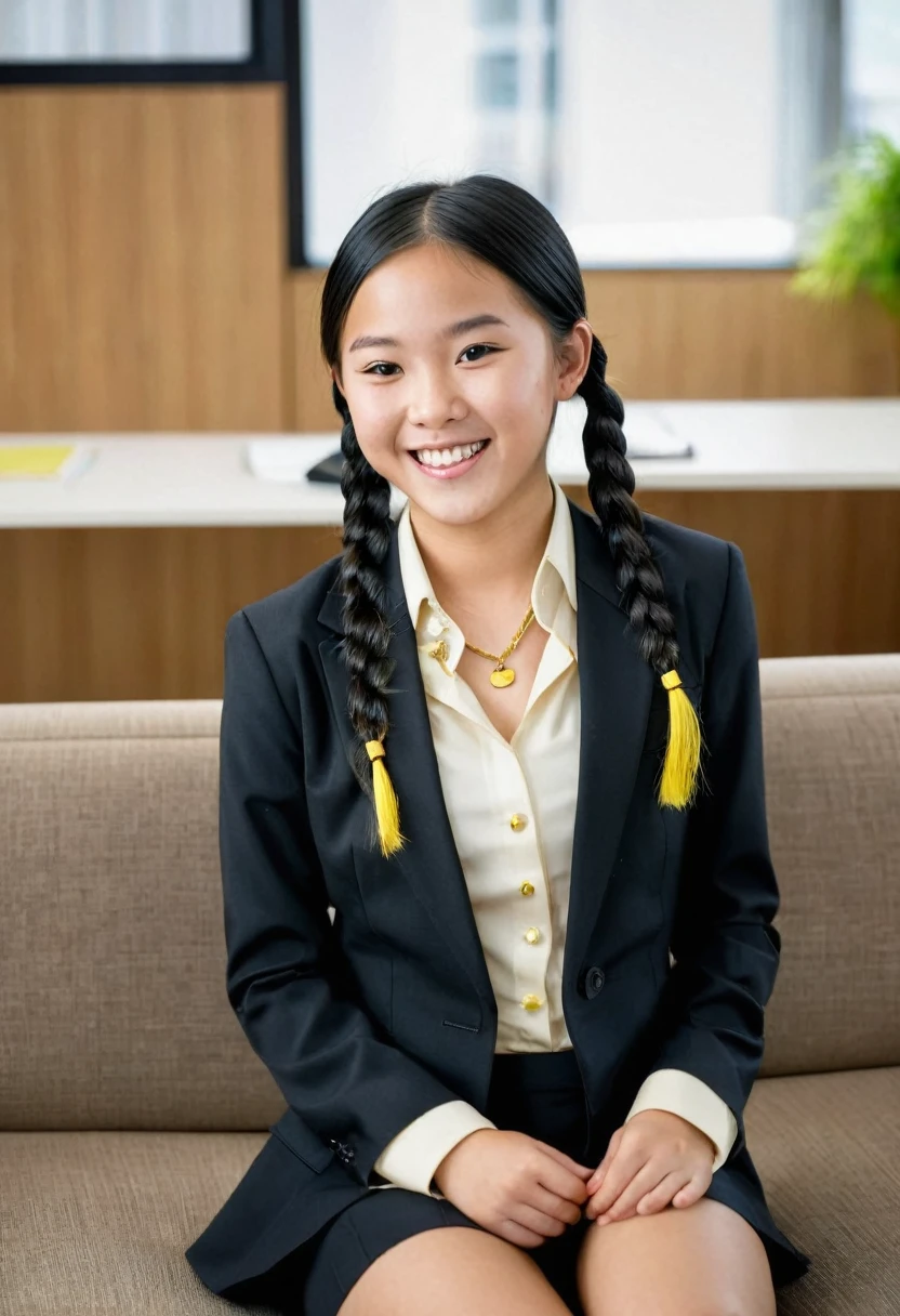 girl, black hair, children's pigtails hair, Asian facial structure, happy expression, she wearing tight bussines suit, golden necklace, visible nipples, marked nipples, she in a office, sitting on a couch