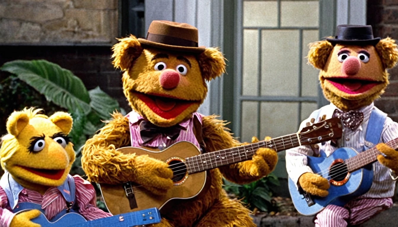 1975; Urso Fozzie Muppets tocando Ukulelê, by Genevieve Naylor