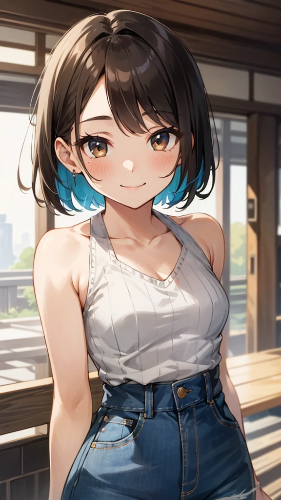 Highly detailed, vibrant color, detailed skin, detailed fabric, detailed eyes. Brown haired young woman, beautiful, bob hair, brown eyes, small to medium breasts, smiling, light brown sleeveless halter neck, knitwear, high waisted denim pants, soft smile, Tokyo.