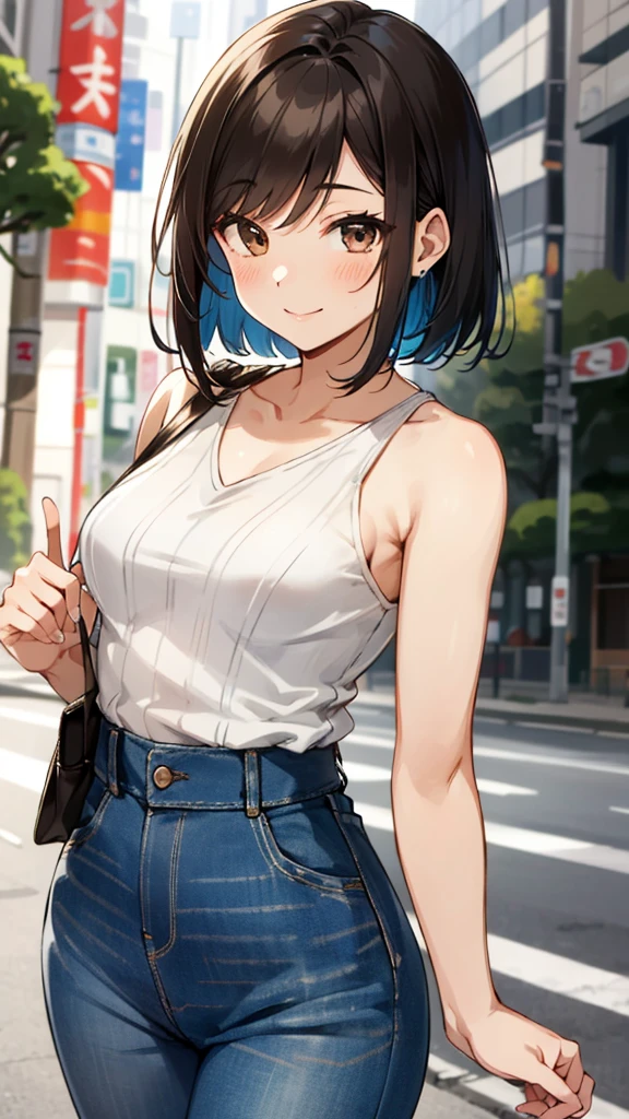 Highly detailed, vibrant color, detailed skin, detailed fabric, detailed eyes. Brown haired young woman, beautiful, bob hair, brown eyes, small to medium breasts, smiling, light brown sleeveless halter neck, knitwear, high waisted denim pants, soft smile, Tokyo.