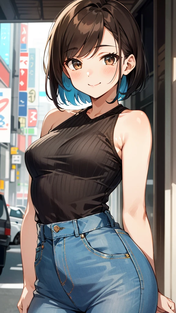 Highly detailed, vibrant color, detailed skin, detailed fabric, detailed eyes. Brown haired young woman, beautiful, bob hair, brown eyes, small to medium breasts, smiling, light brown sleeveless halter neck, knitwear, high waisted denim pants, soft smile, Tokyo.