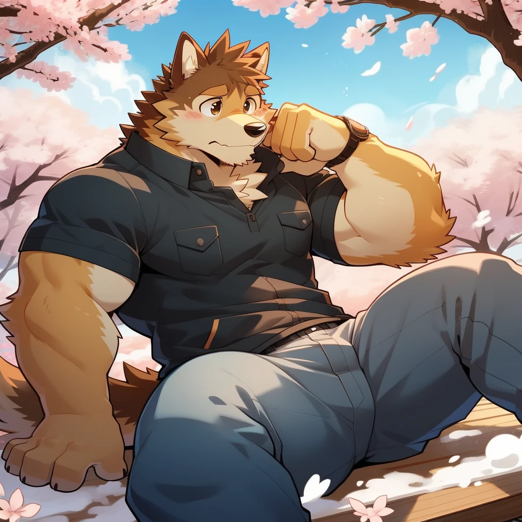 Scribble 柴dog face,Cute face,Humanity(dog),(Casual Wear:1.3),Muscular,(Brown eyebrows:1.1),(Perfect black eyes),（artist:Takemoto Arashi）,(Bulging buttocks),(Foam)，Cherry blossoms，Sitting，Sad expression，Wolf Tail。