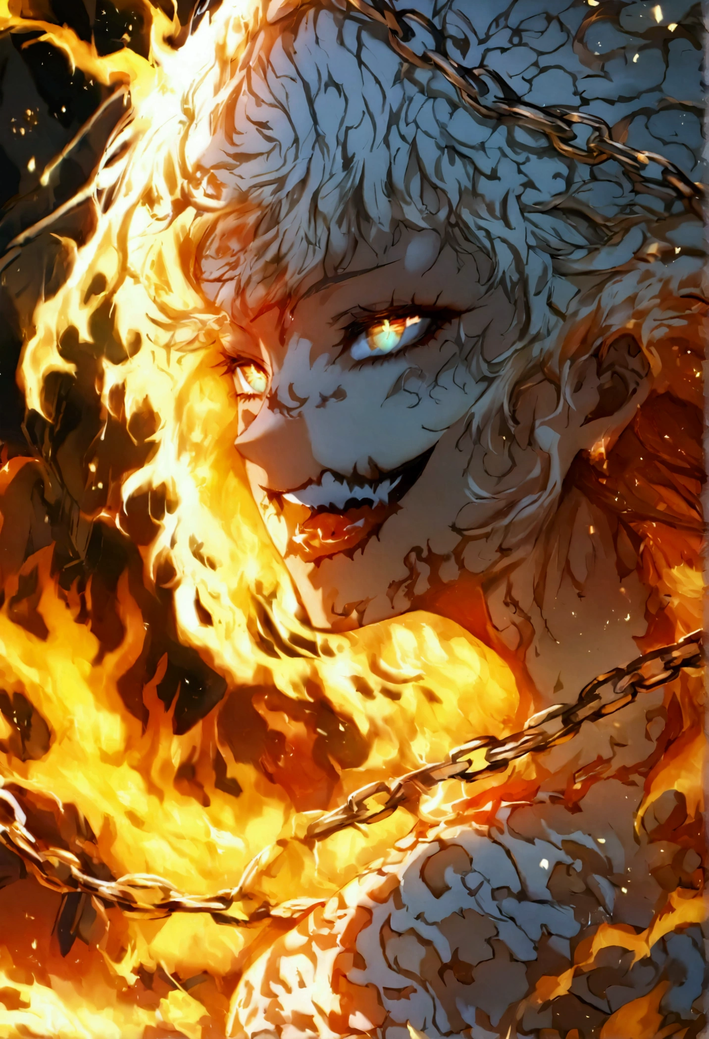 A beautiful anime girl, stunning detailed intricate face, intense fire body, fiery hair, sun-like pupils, scary crazy smile, fire chains swirling around her, a lot of fire surge aura with a lot of chains on fire under her control 