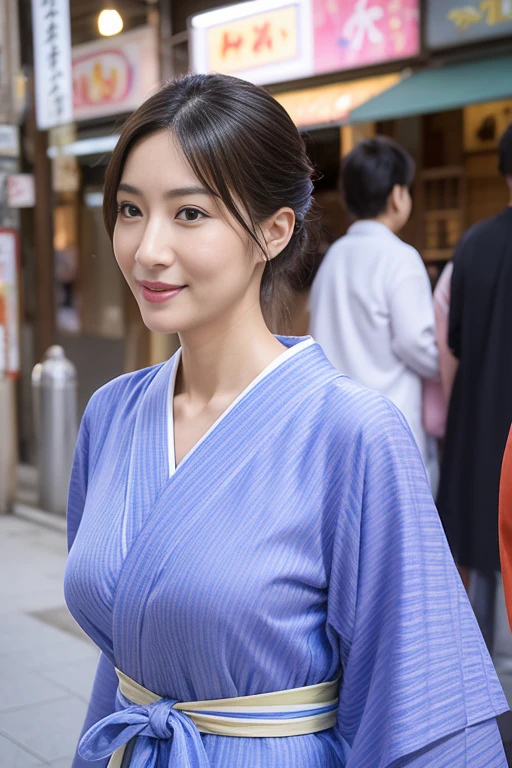 {[(8K quality)、(NSFW)、(whole body)、(Ultra HD)、(photograph)、(Realistic images)、(Photorealism)、(Ultra-detailed画像)、((Sexy 40 year old women)),(Perfect body)、(Perfect body) (Ultra-detailed) (Model body) (slender)]}。One girl、solo、slenderな体、Perfect Mouth、Layered Hair、(whole body画像 1:1)、Slim legs、Tall body、Large Breasts、Bust 90 cm、Soft curves、(Wearing a Japan yukata)、Detailed city、street、Lively、Fashion Model、Unforgettable beauty、Yearning for love、Realistically rendered、lure、One girl、