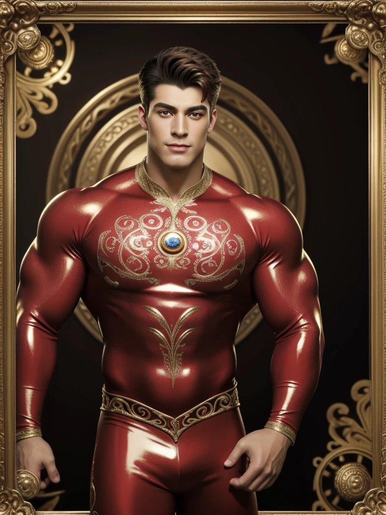 Quarter body 3D image of a strong and handsome hunky Astro, surrealistic face and eyes, wearing red an gold swirls and twirls filigree shiny latex spandex, hands holding a shining jewel, the hero face is depicted extremely clearly in every detail, studio is the background , masterpiece, full hd, best resolution, taken by Canon super marco lens, artistic masterpiece, UHD, 8K."