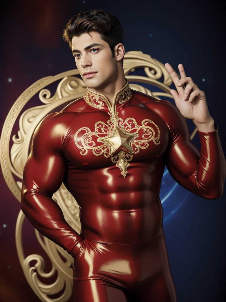 Quarter body 3D image of a strong and handsome hunky Astro, surrealistic face and eyes, wearing red an gold swirls and twirls filigree shiny latex spandex, hands holding a shining jewel, the hero face is depicted extremely clearly in every detail, studio is the background , masterpiece, full hd, best resolution, taken by Canon super marco lens, artistic masterpiece, UHD, 8K."