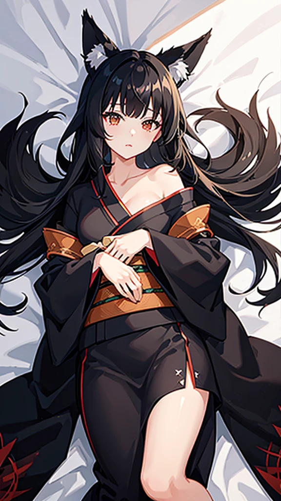 Black hair and fox ears、anime、One woman、Black Ribbon、kimono、kimono、Hime cut、anime tone、beautiful girl、best quality、high quality、good anatomy、good hands、good body、lie down、On the white bed、Facing front、adult-like