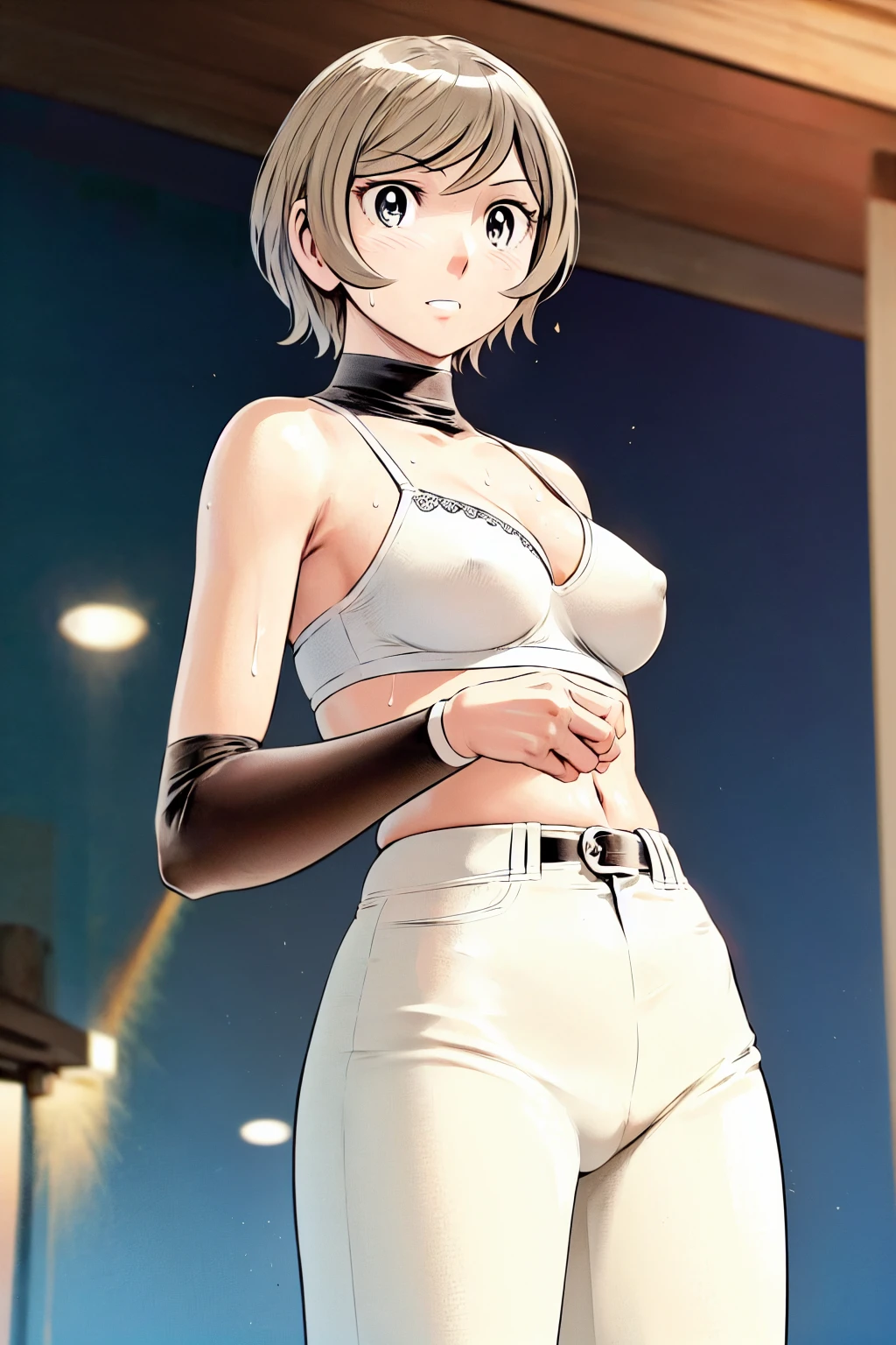 (Baseball uniforms:1.2),
blonde, (short hair:1.2),White trousers、Black belt、((Illustration of people))、Tube top bra、
View your viewers,, (Highest quality:1.3), White pants、Outdoor、baseball ground、ground、soil、blue eyeasterpiece、Highest quality)、Highest quality, Ultra-high resolution, (((masterpiece))), alone, Sweat、Big eyes、Large breasts、Torn clothes、 Fully exposed、Nipples、One Girl, Front view、Embarrassed face、Bronze colored hair、((short hair))、Stand up straight、Cowboy Shot