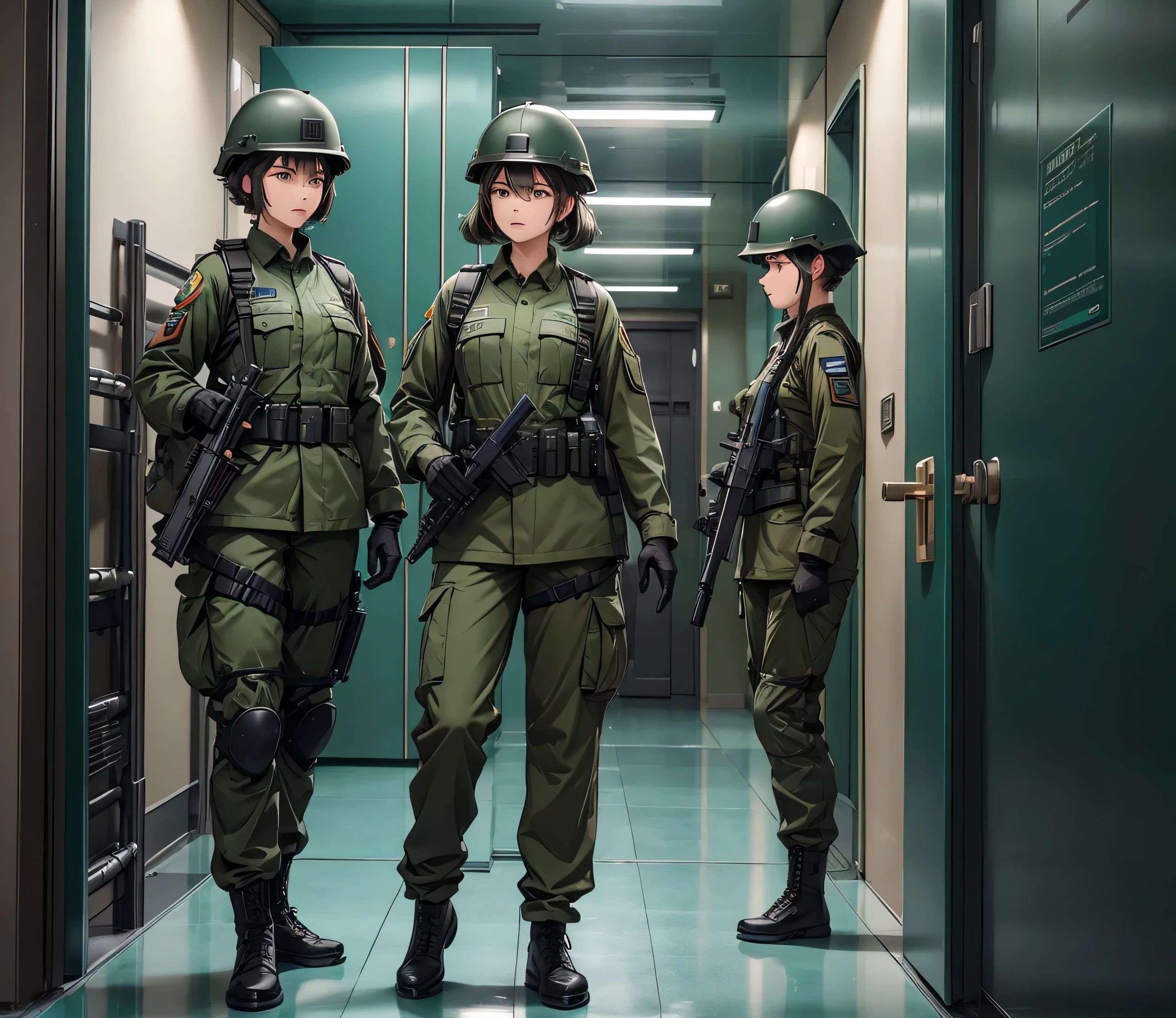 A group of female soldiers all wearing teal green military uniforms,Wear a steel helmet、Military Pants、Individual equipment set、Alert with guns,In front of the open elevator door、Write details、masterpiece、best quality、Highly detailed CG、8K picture quality