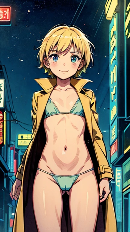 (8k),(masterpiece),(Japanese),(),((innocent look)),((Childish)),From the front,smile,cute,Innocent,Kind eyes,Flat chest,Hairless vagina, Cameltoe,John Constantine Costume, Trench Coat,short,Hair blowing in the wind,Blonde Hair,Strong wind,night,dark, Neon light cyberpunk city,kirbywood, drawing, vintage color comics