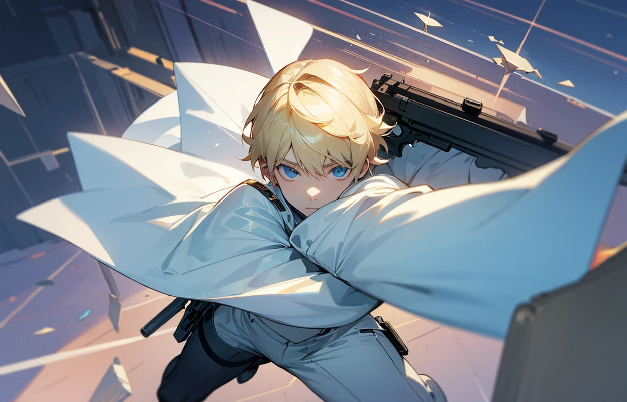 A blond, blue-eyed teenage boy in a white uniform points a gun seen from a high angle view, animated style