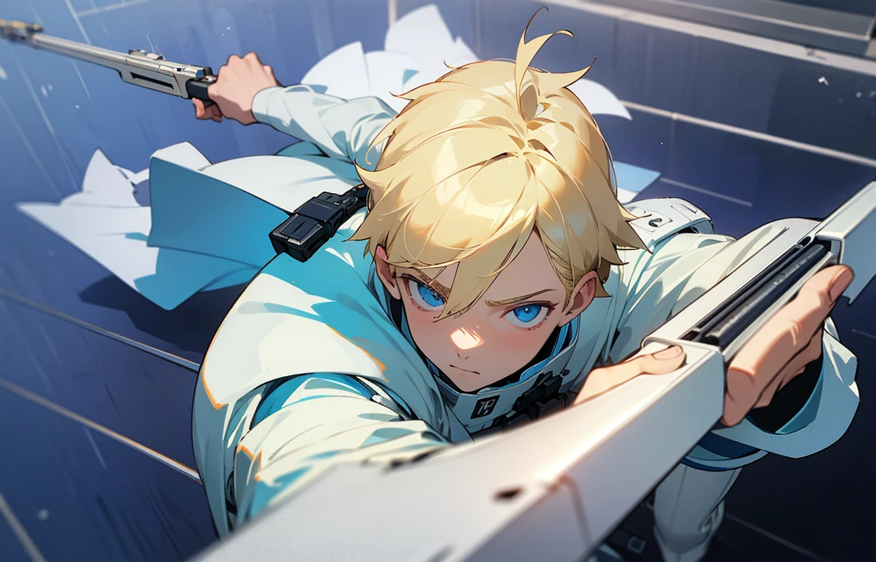 A blond, blue-eyed teenage boy in a white uniform points a gun seen from a high angle view, animated style