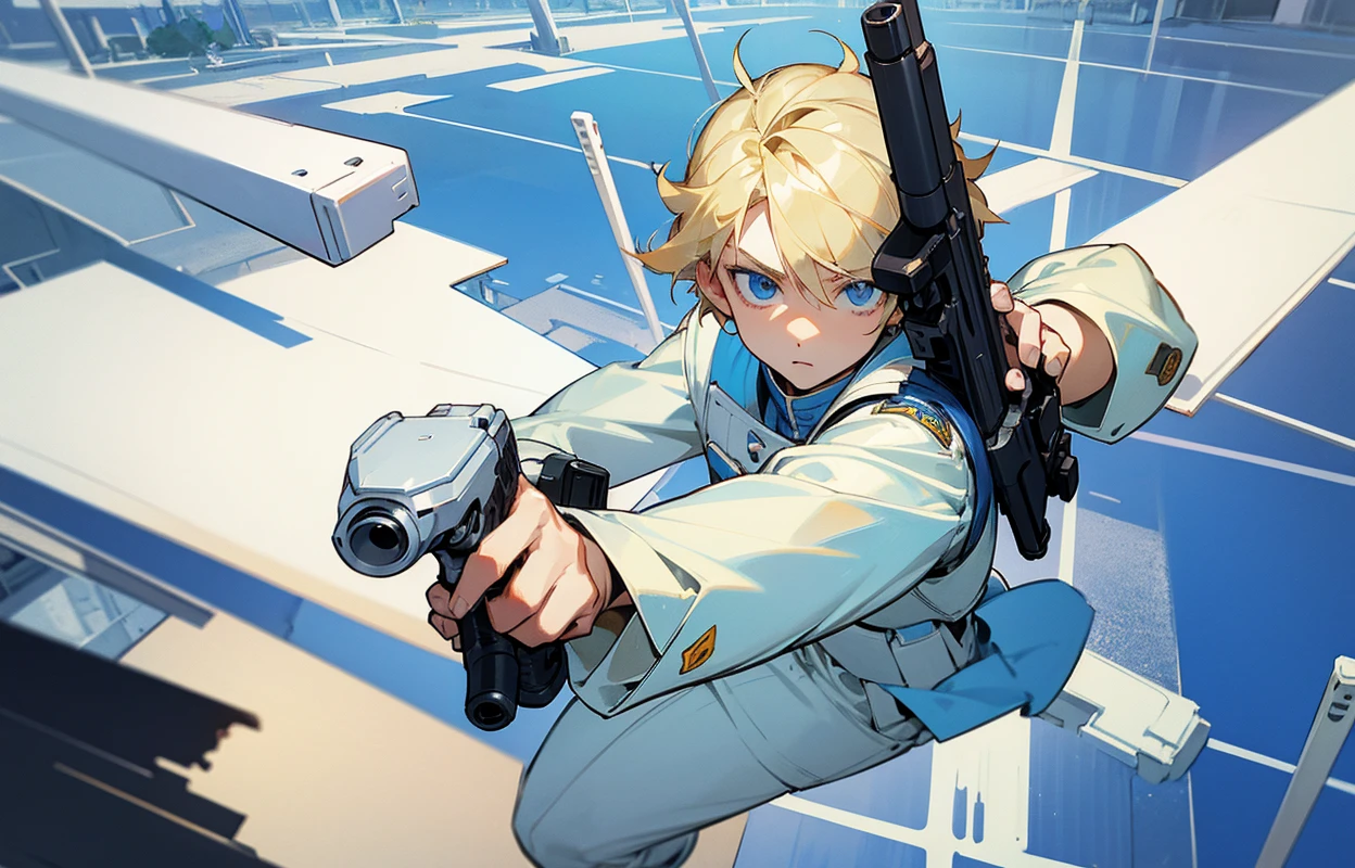 A blond, blue-eyed teenage boy in a white uniform points a gun seen from a high angle view, animated style
