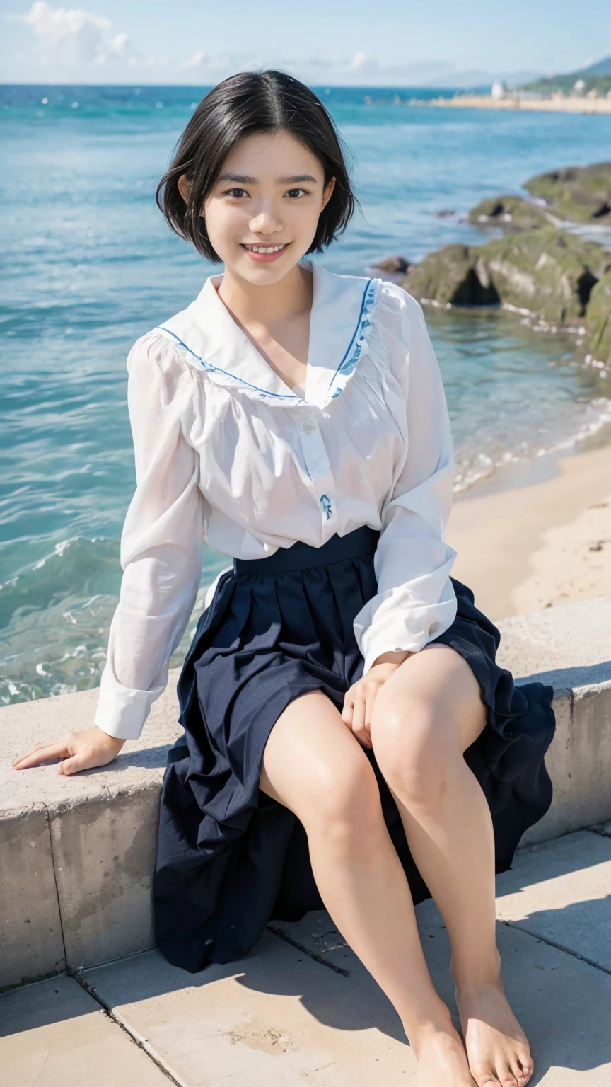 (((sunny day、Japanese 、Beach、A strong wind is blowing、Her hair and skirt are flying、Crouch down, Scooping up seawater and spreading your hands、Traditional navy blue sailor uniform、White blouse、Pleated skirt、Scooping seawater with hands:1.25、splash、Splashing water on each other、smile、Laughter、Sandy Beach、Light of the sun、clear blue sea、The waves crash quietly、blue sky with white clouds、green mountain々、Beautiful Nature、The joy of youth)))、(((Top-down composition:1.33)))、(((8K、Highest quality、masterpiece、Ultra-high resolution)))、(Realistic:1.4)、RAW Photos、(Real skin texture:1.3)、(Film Grain:1.3)、((No underwear、Bend one leg))、One Girl、Beautiful and detailed eyes and face、barefoot、