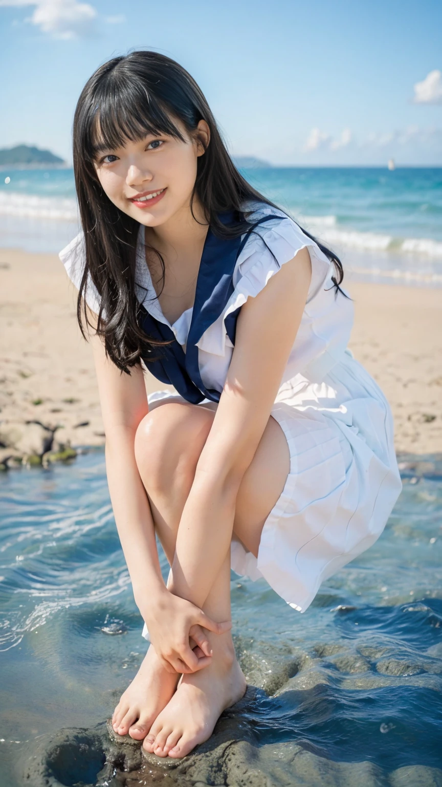 (((sunny day、Japanese 、Beach、A strong wind is blowing、Her hair and skirt are flying、Crouch down, Scooping up seawater and spreading your hands、Traditional navy blue sailor uniform、White blouse、Pleated skirt、Scooping seawater with hands:1.25、splash、Splashing water on each other、smile、Laughter、Sandy Beach、Light of the sun、clear blue sea、The waves crash quietly、blue sky with white clouds、green mountain々、Beautiful Nature、The joy of youth)))、(((Top-down composition:1.33)))、(((8K、Highest quality、masterpiece、Ultra-high resolution)))、(Realistic:1.4)、RAW Photos、(Real skin texture:1.3)、(Film Grain:1.3)、((No underwear、Bend one leg))、One Girl、Beautiful and detailed eyes and face、barefoot、
