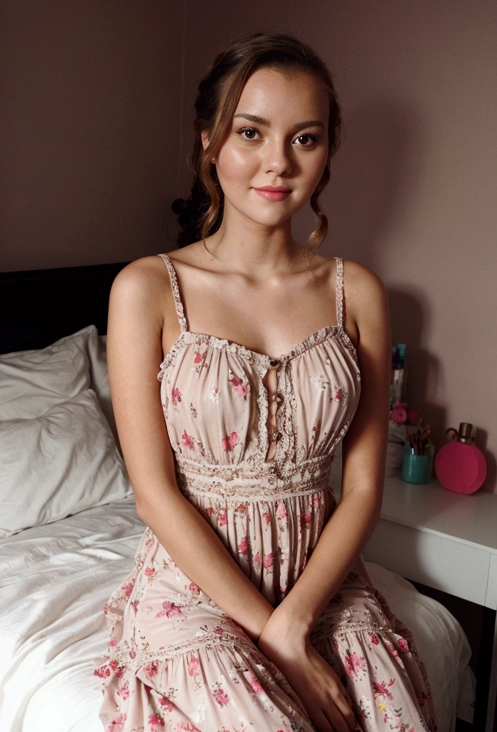 Jessica, homemade photo,grainy,dark lighting, skin fair,amateur photo,(instagram picture), wearing a  dress, wearing a little of make-up, bedroom at the background,