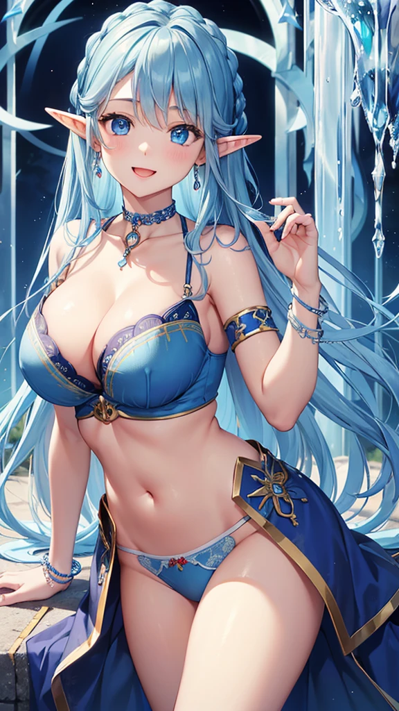 Highest quality、Highest quality、masterpiece、(8K resolution),beauty(Age 25)、(Mature Appearance)、Light blue long hair(Braiding of sides)、blue eyes、(Blue underwear with detailed embroidery)、(Elf)、Big cleavage、((Very large breasts))、smile、blue necklace、Blue Earrings、background(ice)、Please open your mouth wide、bracelet、Dynamic pose、Blue choker、