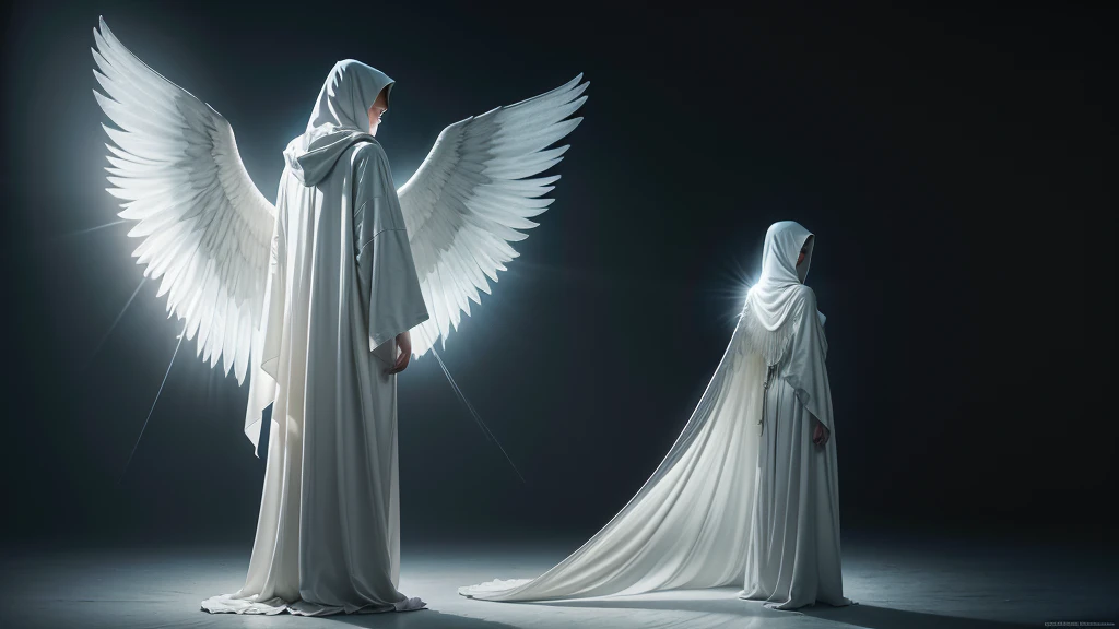Hooded figure clad in pure white trousers, standing head-on, bathed in the illuminating glow of an angelic figure with expansive wings unfurled behind, chiaroscuro, high contrast, ethereal ambiance, backlit, drama of play of light and shadow, photorealistic concept art, volumetric lighting.