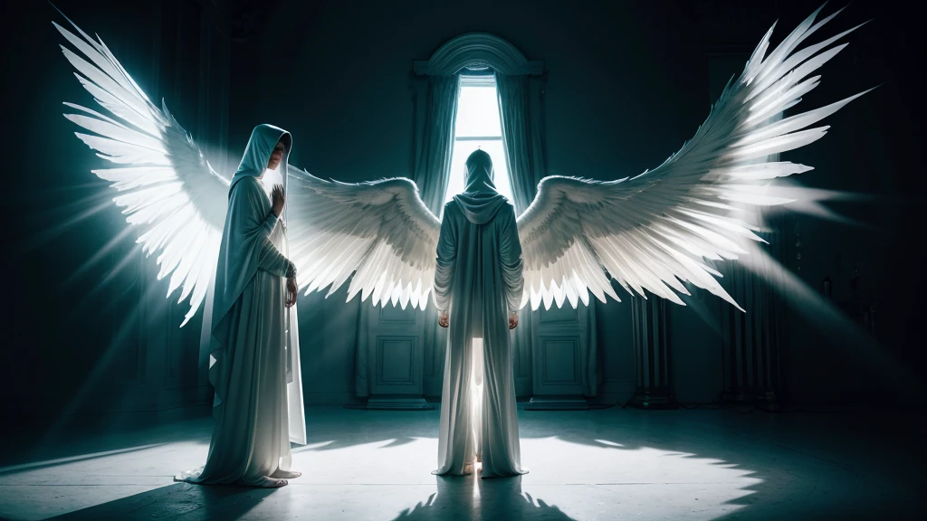 Hooded figure clad in pure white trousers, standing head-on, bathed in the illuminating glow of an angelic figure with expansive wings unfurled behind, chiaroscuro, high contrast, ethereal ambiance, backlit, drama of play of light and shadow, photorealistic concept art, volumetric lighting.