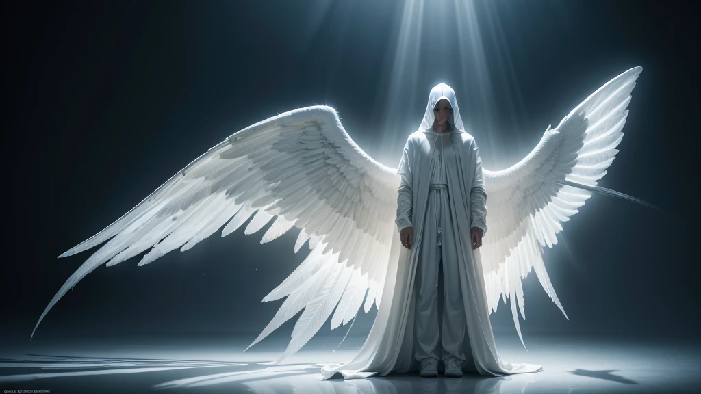 Hooded figure clad in pure white trousers, standing head-on, bathed in the illuminating glow of an angelic figure with expansive wings unfurled behind, chiaroscuro, high contrast, ethereal ambiance, backlit, drama of play of light and shadow, photorealistic concept art, volumetric lighting.