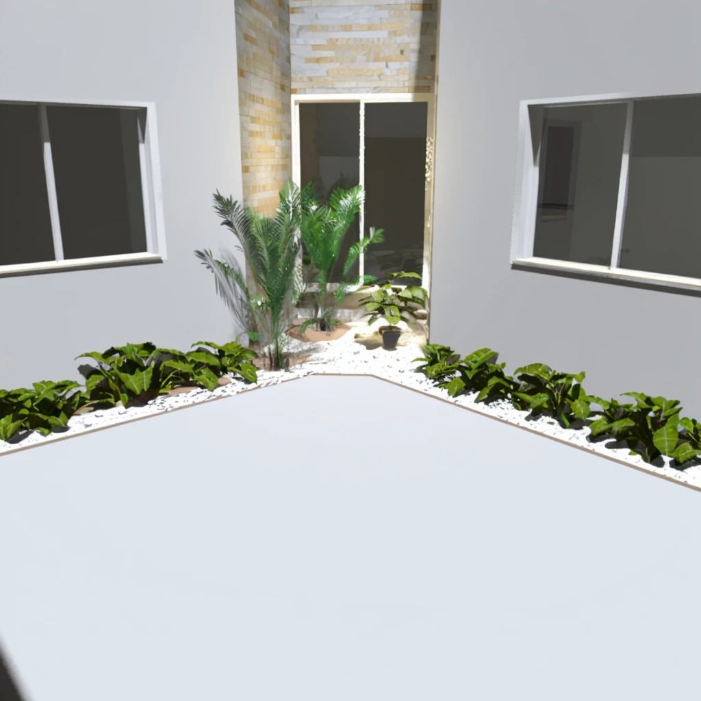gravels below the plants, terrace with large cement area in the middle, white wall with small plants around, 3 windows, winter garden in the middle with two big plants with gravels on the ground