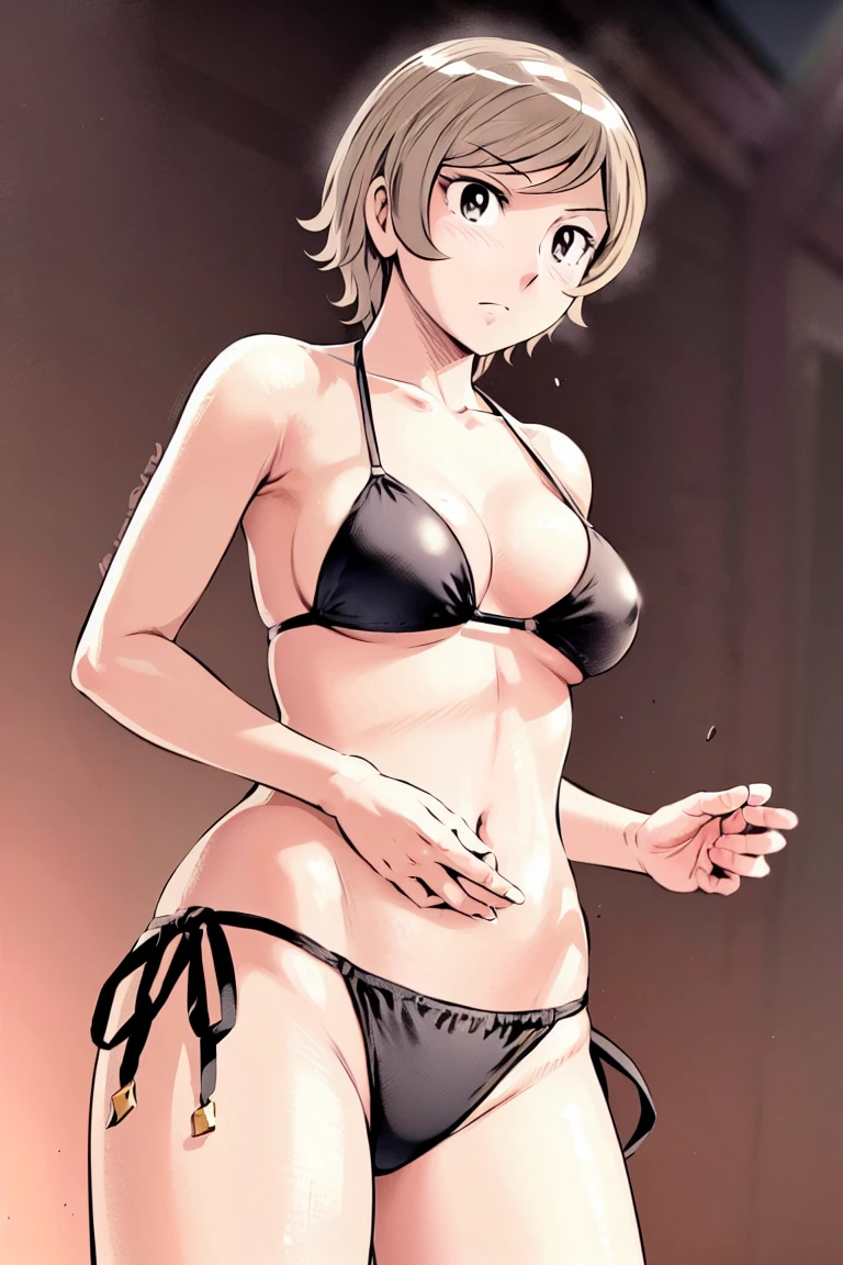 (slingshot bikini:1.2),
Blonde, (short hair:1.2),Illustration of a person、
View your viewers,, (Highest quality:1.3),One Girl, beach、Outdoor、 ground、ground、soil、blue eyeicro Bikini、(masterpiece、Highest quality)、Highest quality, Ultra-high resolution, (((masterpiece))), alone, Large breasts、One Girl, Front view、Embarrassed face、Bronze colored hair、((short hair))、Stand up straight、Cowboy Shot