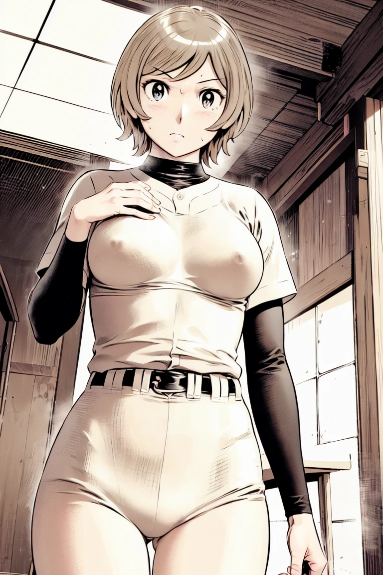(野球uniform:1.2),
blonde, (short hair:1.2),Long sleeve, Black Shirt, turtleneck,White trousers、uniform、Black belt、((Illustration of people))、big 、Covered in mud、Soil stains、ドロドロのuniform、
View your viewers,, (Highest quality:1.3),One Girl, White pants、uniform、Outdoor、baseball ground、ground、soil、blue eyes、Tight black shirt、(masterpiece、Highest quality)、Highest quality, Ultra-high resolution, (((masterpiece))), alone, Sweat、big eyes、big Breasts、Torn clothes、 Fully exposed、Nipples、One Girl, Front view、Embarrassed face、Bronze colored hair、((short hair))、Stand up straight、Cowboy Shot