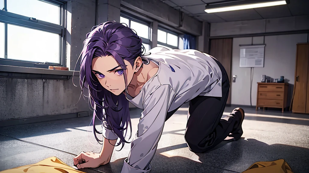 A small concrete room, a single bed, a purple-haired boy crouching on the floor, a boy in a white shirt, shoulder-length hair, fluorescent light,