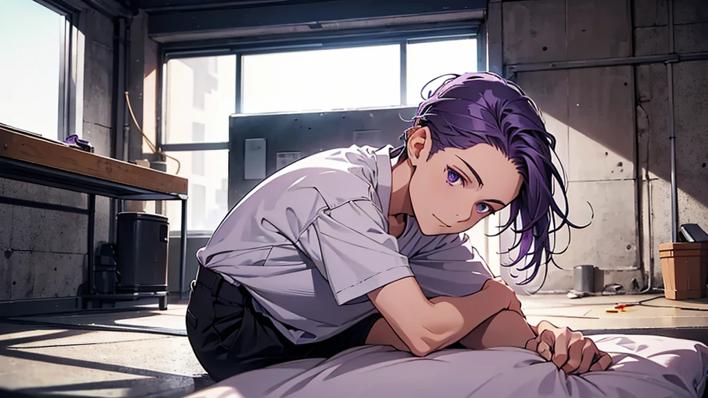 A small concrete room, a single bed, a purple-haired boy crouching on the floor, a boy in a white shirt, shoulder-length hair, fluorescent light,