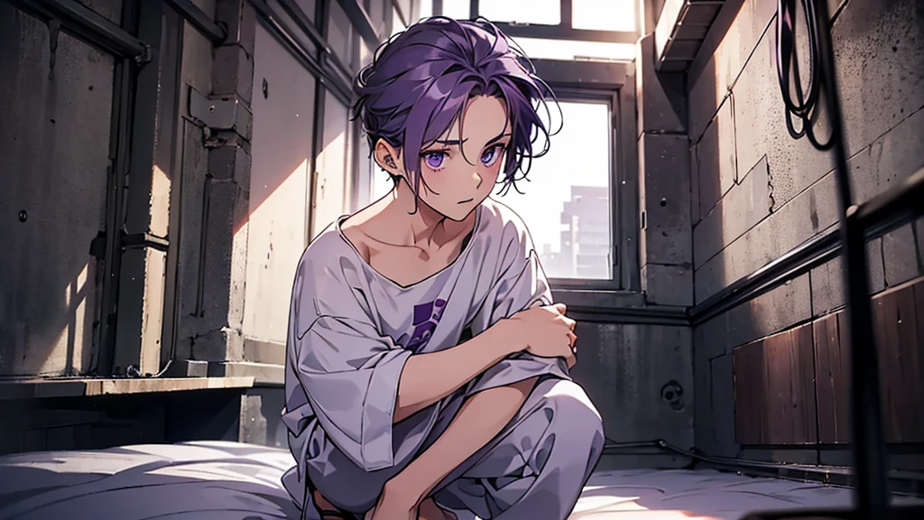 A small concrete room, a single bed, a purple-haired boy crouching on the floor, a boy in a white shirt, shoulder-length hair, fluorescent light,