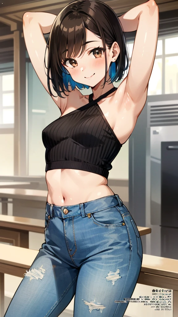 Highly detailed, vibrant color, detailed skin, detailed fabric, detailed eyes. Brown haired young woman, beautiful, bob hair, brown eyes, small to medium breasts, smiling, showing off armpit, gravure magazine cover, light brown sleeveless halter neck, knitwear, high waisted denim pants, soft smile, blushing Tokyo.