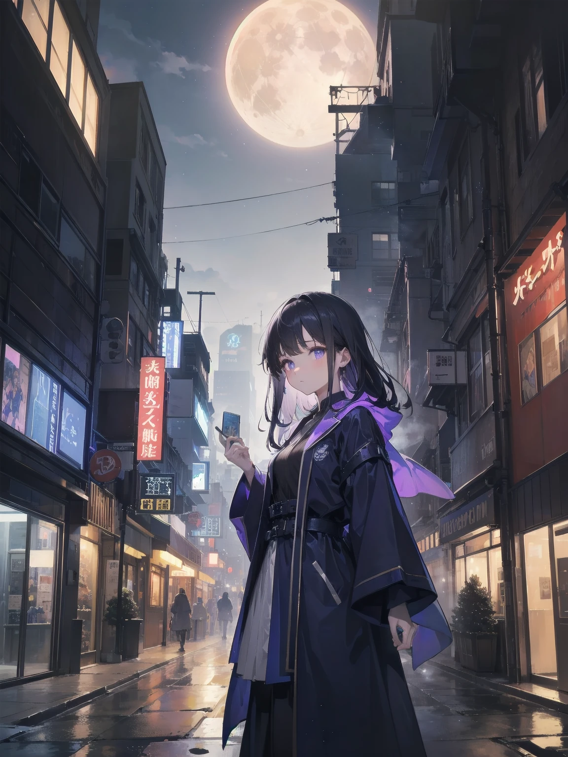masterpiece, 8K, Highest quality, Very detailed, Purple & Blue magical robe with a moon motif、(building, city、A dense fog of fluorescent particles、1800Era、Western style、Fiction、grow、Overwhelming、Detailed street)