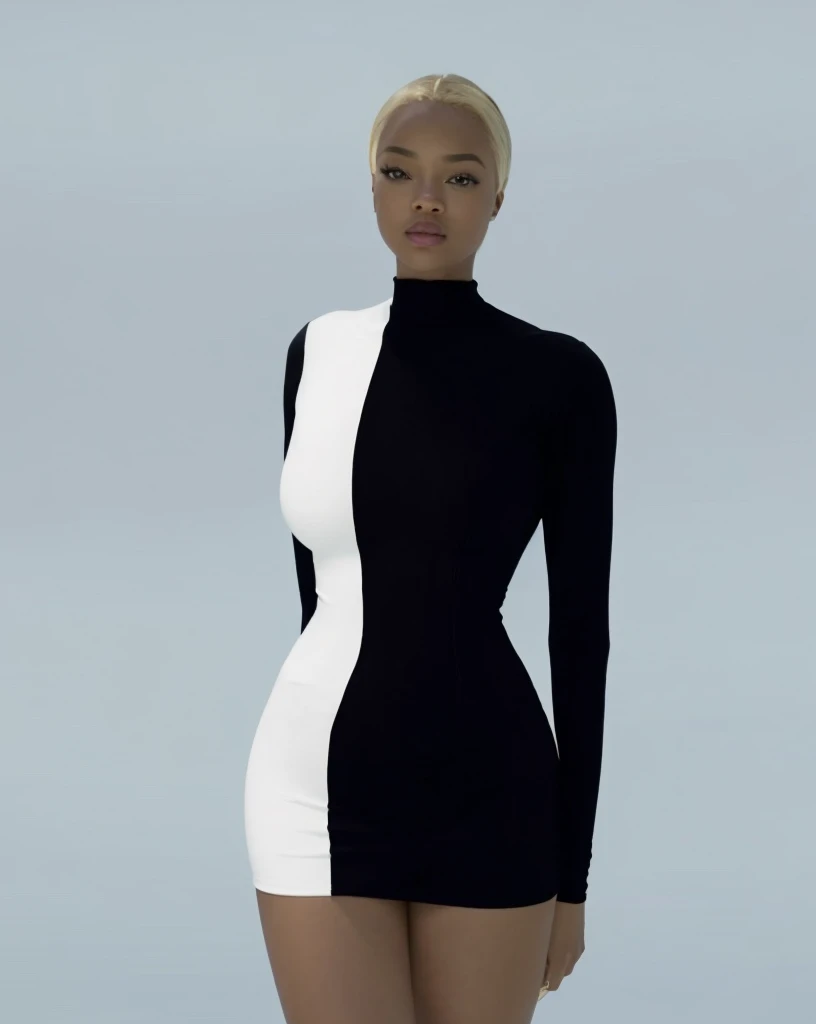 (Beautiful  girl, Sonequa Martin-Green, Dove Cameron, Laura Harrier, Peyton List), Wearing tight white and black cotton-Lycra-fabric long sleeve mini dress, round breasts, slim waist, big hips, beautiful soft thighs, beautiful legs,(HDR, 8K, vivid, vibrant, detailed: 1.4), (hyper realistic, movie graphics), ray-tracing 