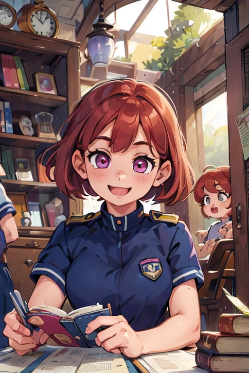 Two girls. Perfect faces. Perfect hands. A copper haired girl with copper eyes wearing a navy uniform is reading with a pink haired girl with violet eyes in a navy uniform in the library with a big smile