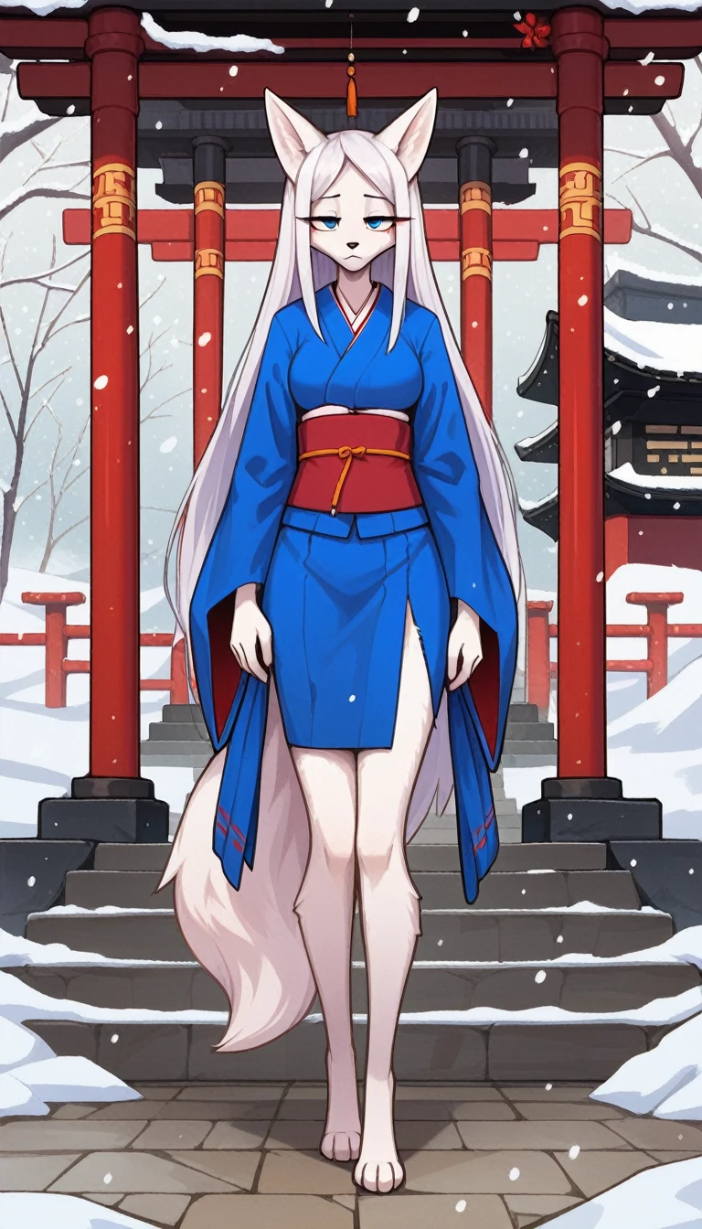 Eyes Half Closed, Tired expression, 1girl, Anthro, Furry, Fur, fluffy Fur, White Fox Girl, Japanese temple background, White hair, Blue eyes, long hair, Full body, (19 years), Medium breast, Thighs, Single, (Japanese temple), snow, snowing, Eyes Half Closed, Standing, Hinge, Blue kimono, skirt ,Nakedness ,Have sex, ???????? visible, a result_9, a result_8_higher, a result_7_higher, a result_6_higher, a result_5_higher, a result_4_higher