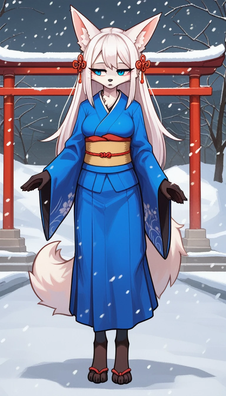 Eyes Half Closed, Tired expression, 1girl, Anthro, Furry, Fur, fluffy Fur, White Fox Girl, Japanese temple background, White hair, Blue eyes, long hair, Full body, (19 years), Medium breast, Thighs, Single, (Japanese temple), snow, snowing, Eyes Half Closed, Standing, Hinge, Blue kimono, skirt ,Nakedness ,Have sex, genitals visible, a result_9, a result_8_higher, a result_7_higher, a result_6_higher, a result_5_higher, a result_4_higher