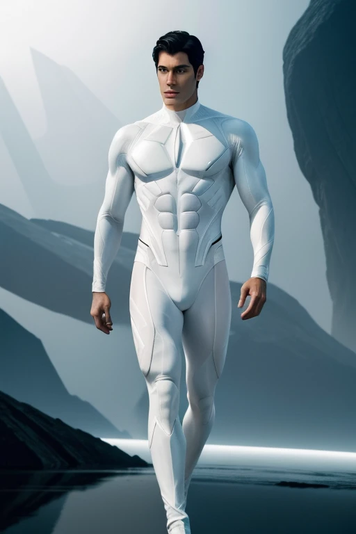 Full body photorealistic An Alien handsome hunky masculine man from Krypton. Dark hair , Super Athletic body. translucent eyes and prominent cheekbones. Wearing a form-fitting white biomorphic bodysuit. Futuristic Kryptonian background. intricate details, beautifully shot, hyperrealistic, sharp focus, 64 megapixels, perfect composition, high contrast, cinematic, atmospheric