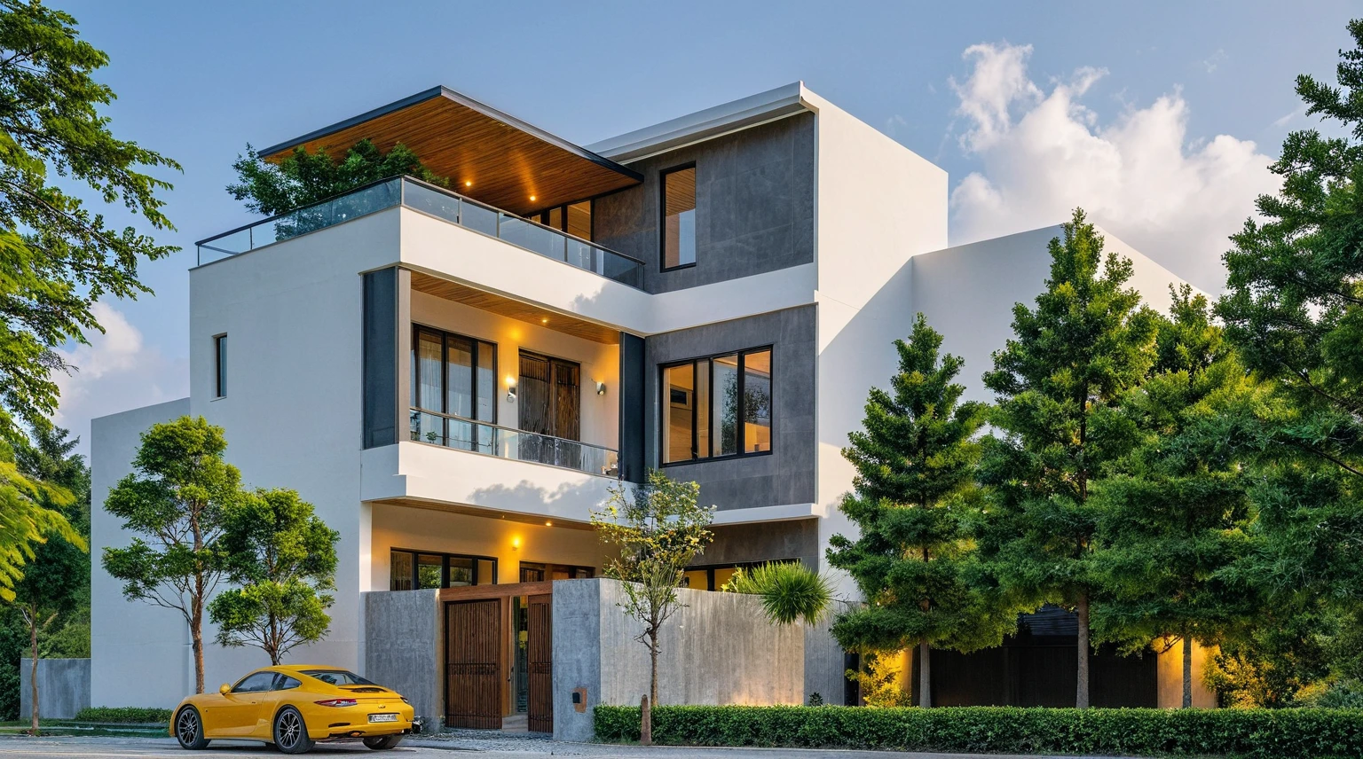Masterpiece, high quality, best quality, authentic, super detail, outdoors, onestoreyvillaXL, aiaigroup, house style modern on the street ,stairs, white wall ,road,pavement, grass, trees, sky, cloud, (daylight:1.1)