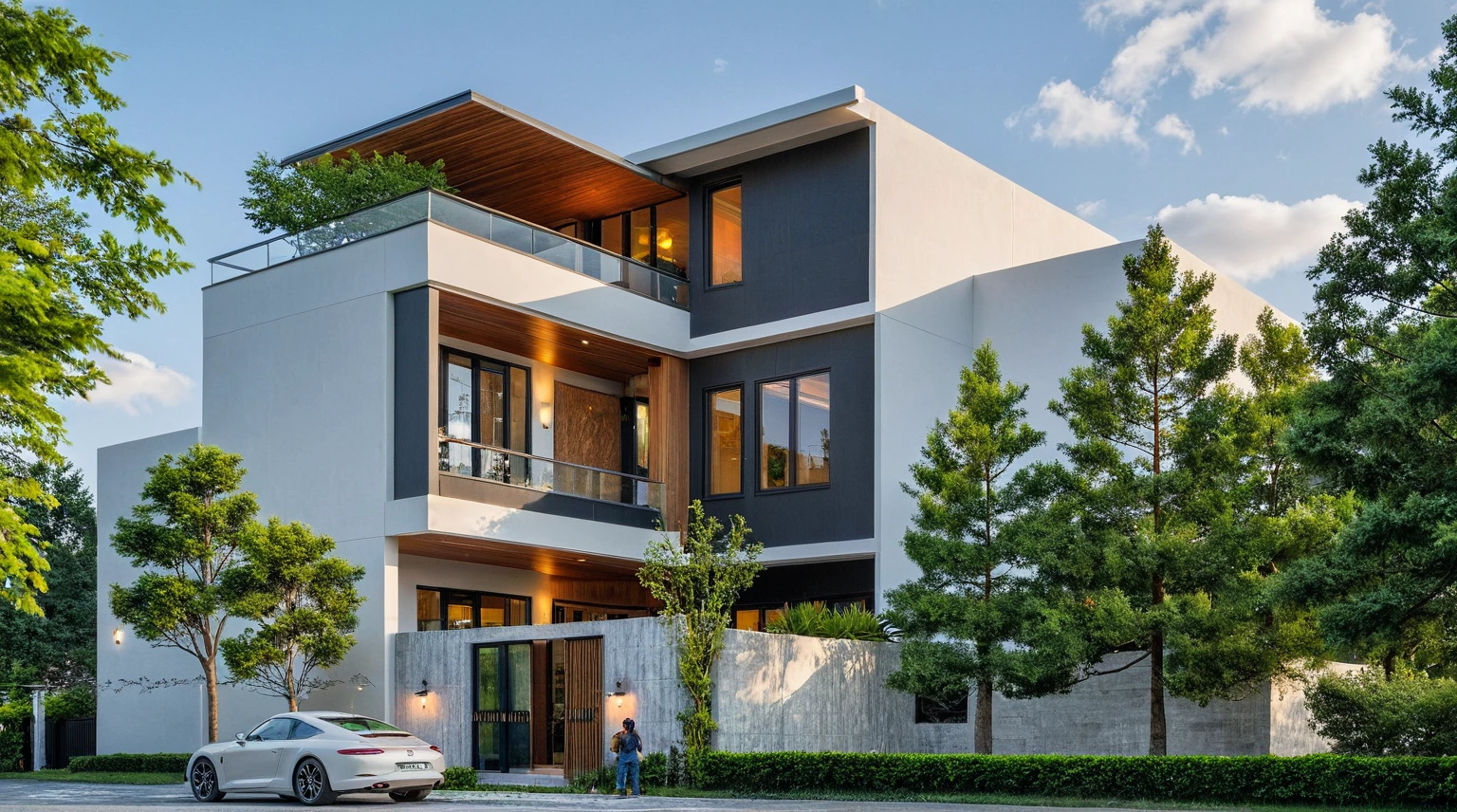 Masterpiece, high quality, best quality, authentic, super detail, outdoors, onestoreyvillaXL, aiaigroup, house style modern on the street ,stairs, white wall ,road,pavement, grass, trees, sky, cloud, (daylight:1.1)

