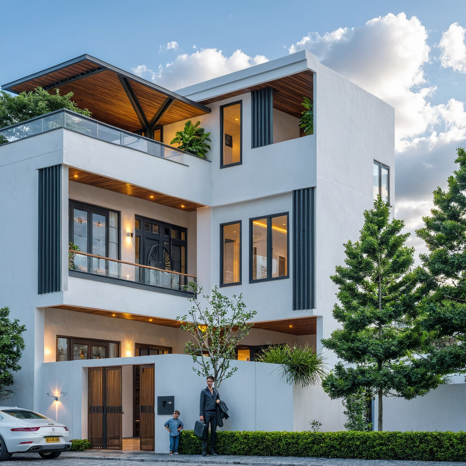 Masterpiece, high quality, best quality, authentic, super detail, outdoors, onestoreyvillaXL, aiaigroup, house style modern on the street ,stairs, white wall ,road,pavement, grass, trees, sky, cloud, (daylight:1.1)