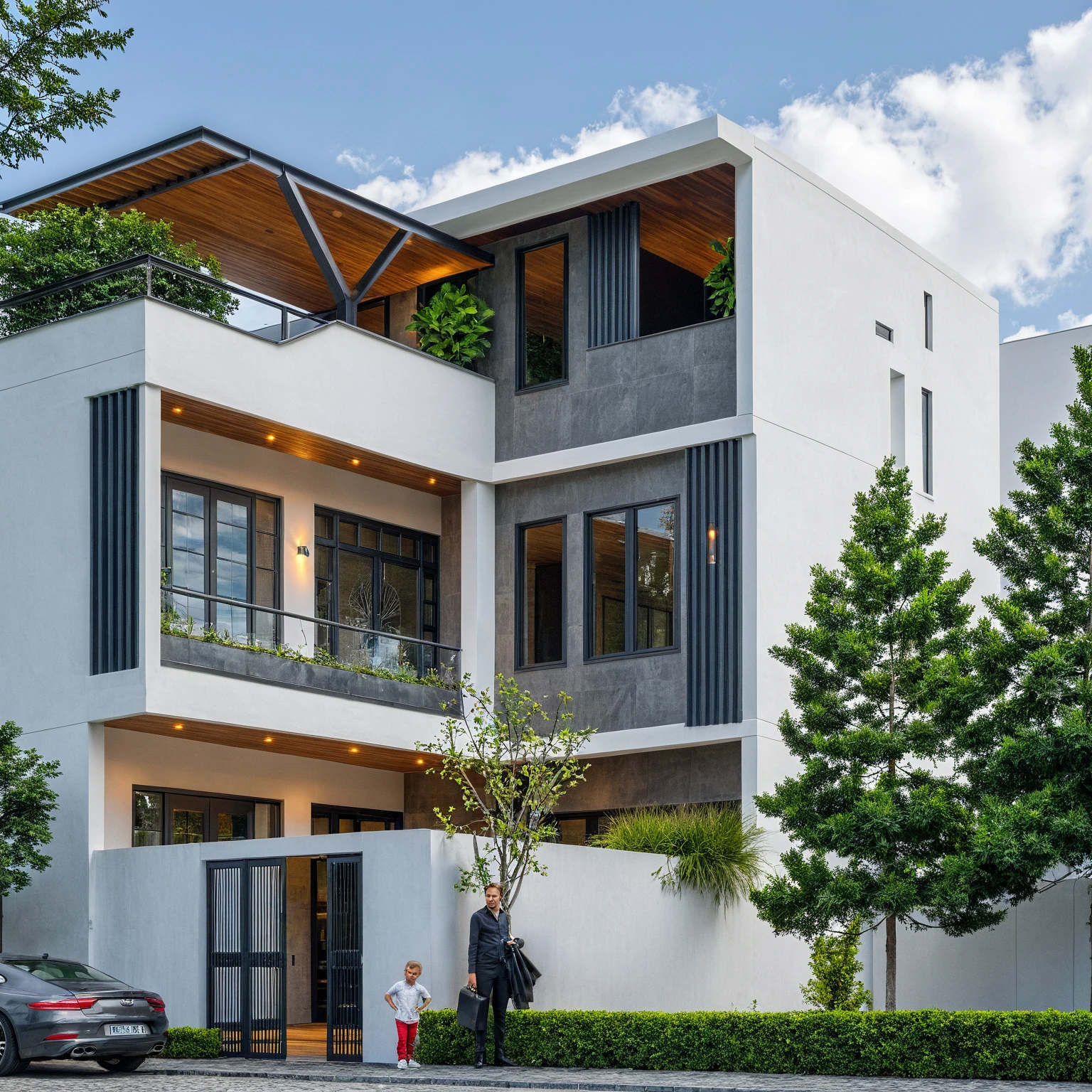 Masterpiece, high quality, best quality, authentic, super detail, outdoors, onestoreyvillaXL, aiaigroup, house style modern on the street ,stairs, white wall ,road,pavement, grass, trees, sky, cloud, (daylight:1.1)