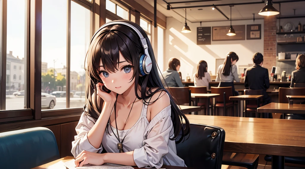 Girl with headphones enjoying music in a cafe　I am studying　Emphasize a little bit of the chest